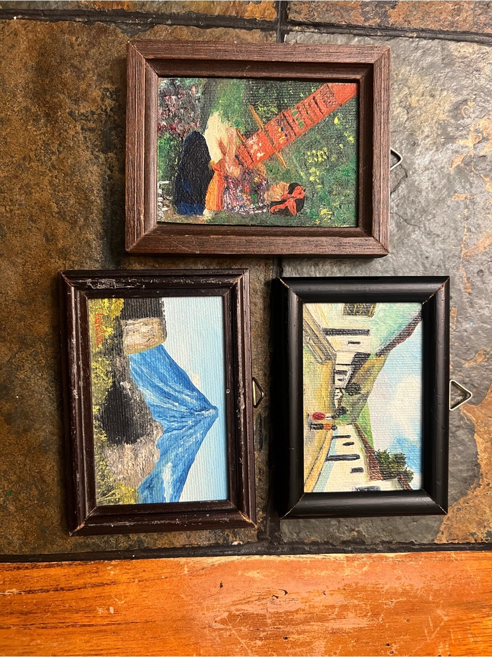 Set of 3 Mini Framed Landscape Paintings - Blue, Green, Brown Accents